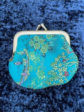 VINTAGE Silk Coin Purse • Teal Floral • Kiss Lock • Asian Brocade